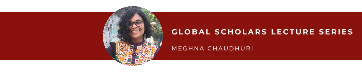 photo of lecture subject Meghna Chaudhuri and title of event