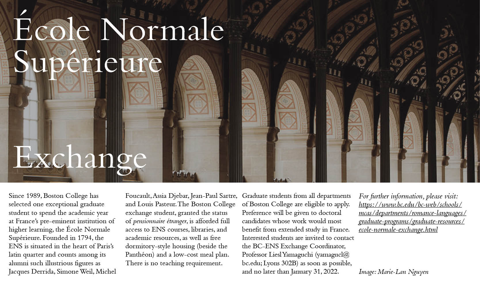 Ecole Normale Superieure exchange with BC, contact Professor Yamaguchi no later than Jan 31, 2022 if interested 