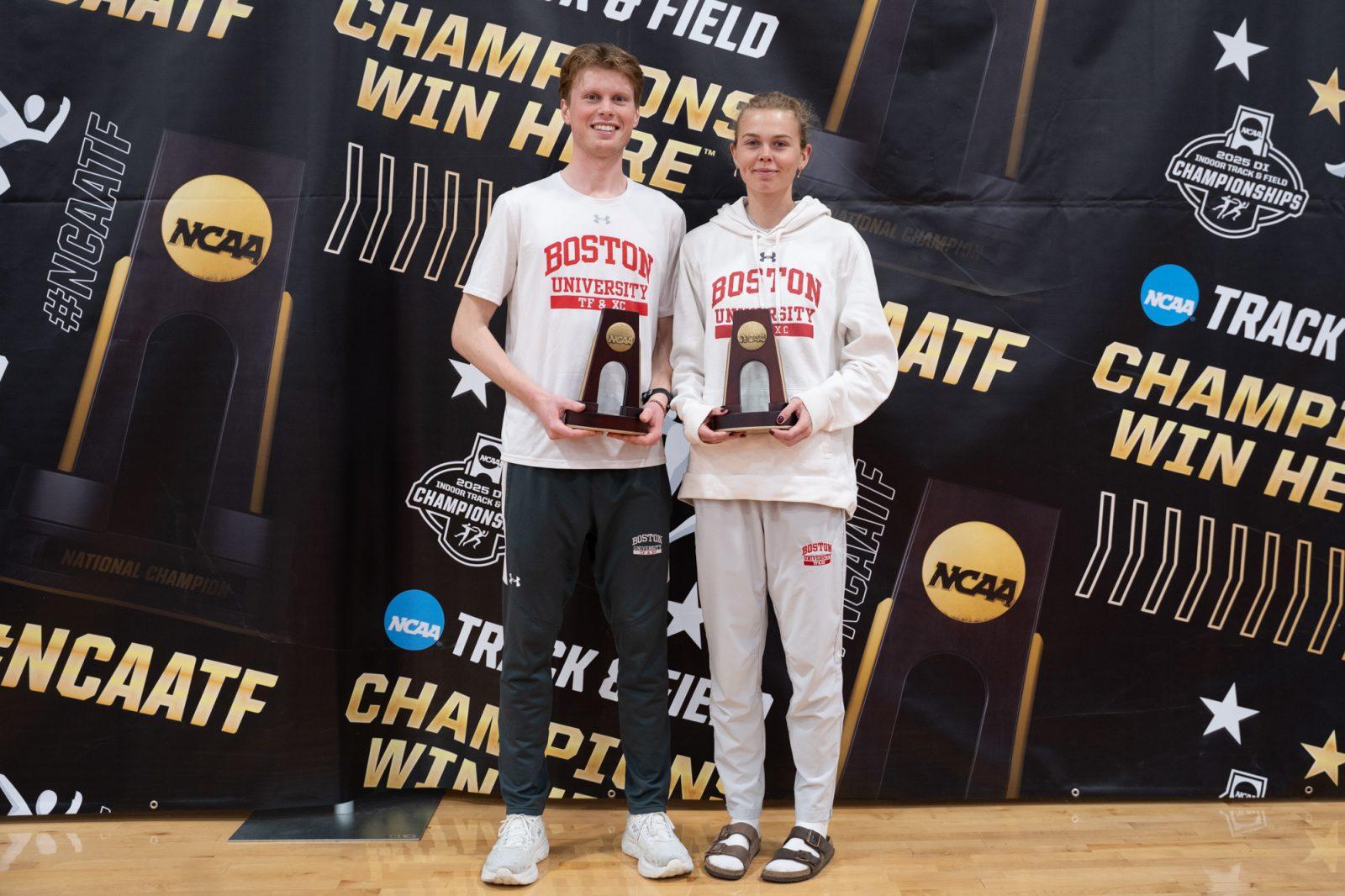 Graduate student Foster Malleck (left) and junior Vera Sjöberg (right) pose with their NCAA trophies. Malleck and Sjöberg will compete at the Wold Indoor Athletic Championships in Nanjing, China March 21. COURTESY OF EAMONN RYAN/BU ATHLETICS