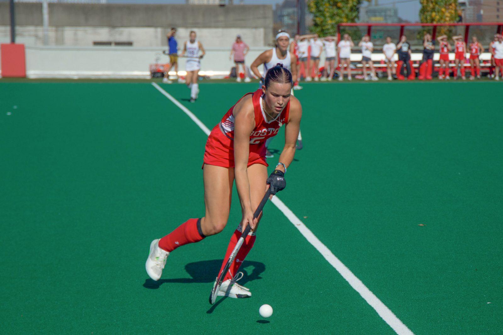 Boston University senior midfielder Payton Anderson (2) plays against American University on October 28, 2023 in her junior season. The Terriers fell 4-2 to Northeastern on Sunday. MAGDALENA LAZOWSKI/DFP FILE