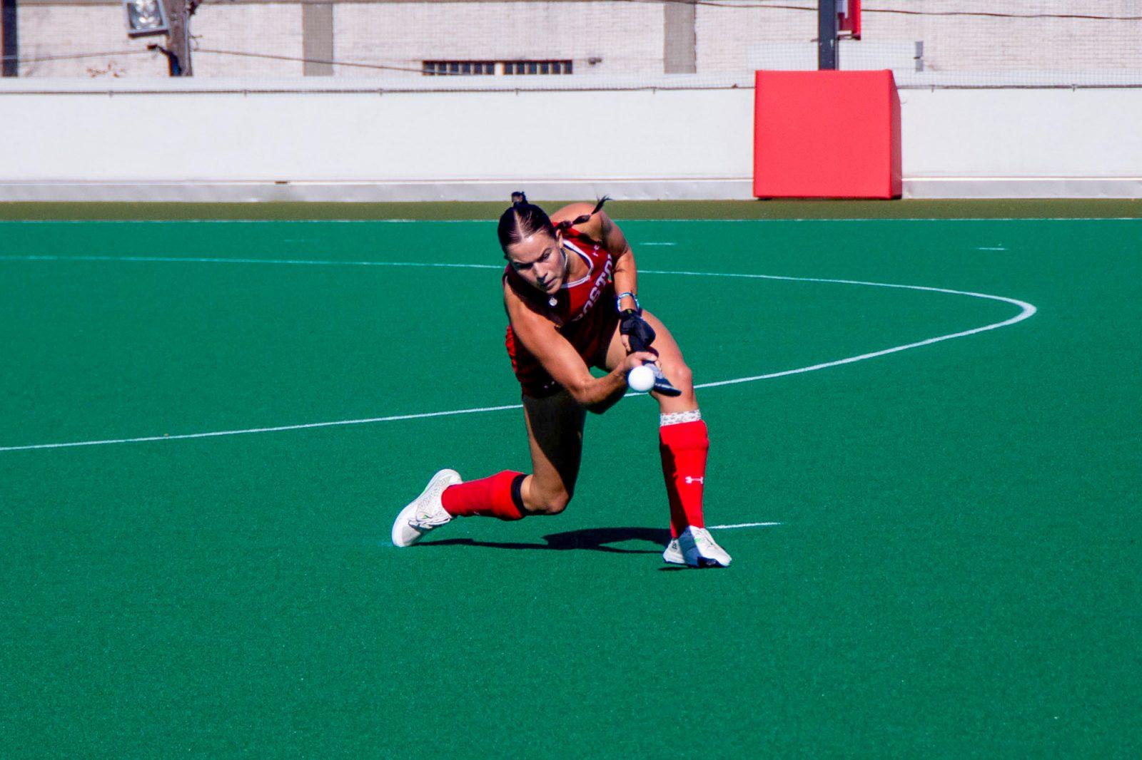 Now Boston University senior midfielder Payton Anderson (2) plays against American University on October 28, 2023 during her junior season. The Boston University field hockey team lost to Harvard University on Sunday. MAGDALENA LAZOWSKI/DFP FILE