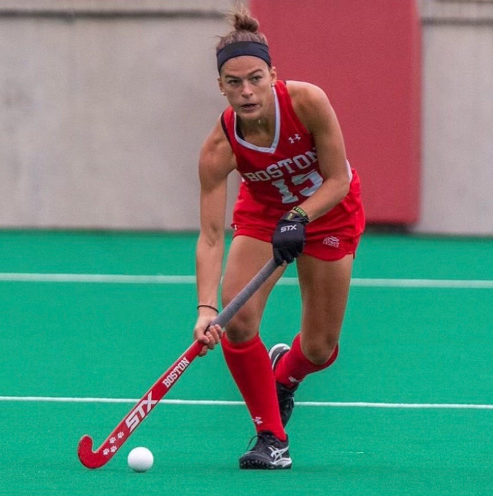 Assistant field hockey coach Liz Ryan in a game against American University in 2019. Ryan came back to Boston University after three years to join the coaching staff of the BU field hockey team. COURTESY OF LIZ RYAN
