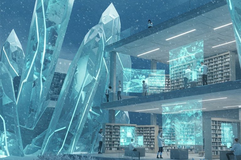 ai generated image of library in snow with tall crystals outside