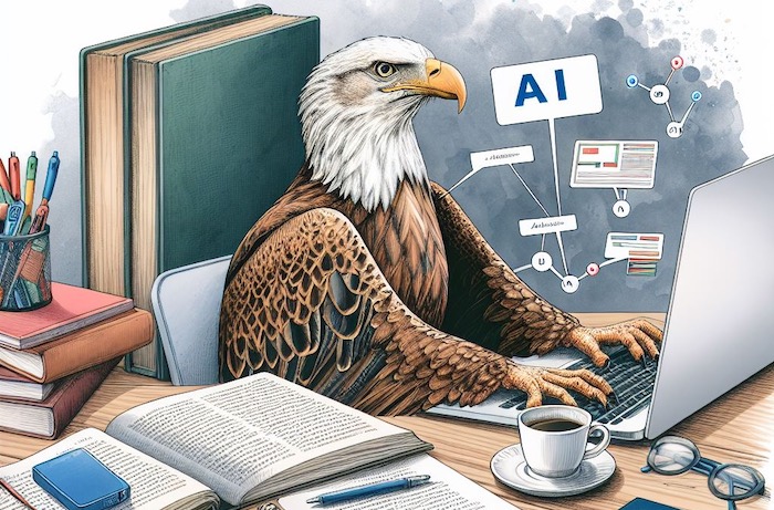 Generative AI drawing of an eagle typing on a computer with the label AI attached
