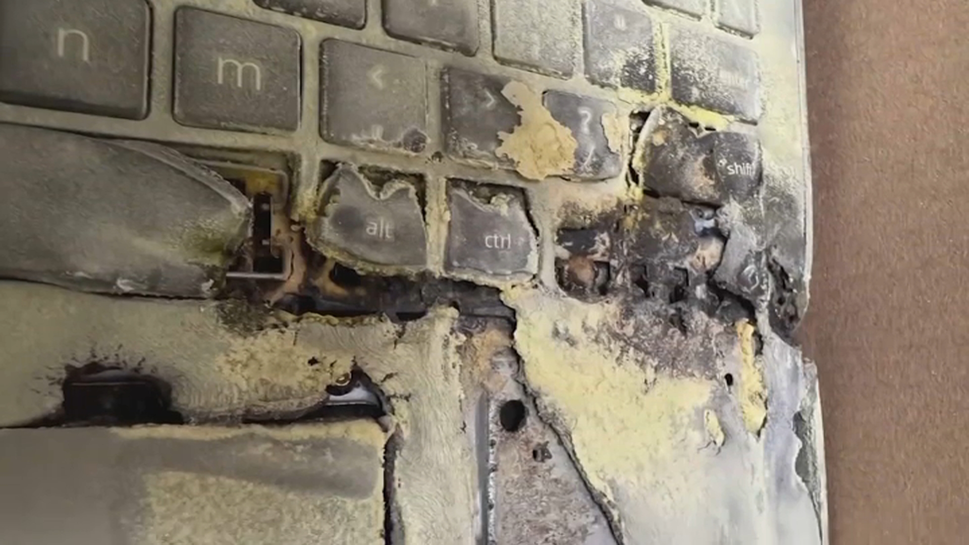 A fire-damaged laptop keyboard.