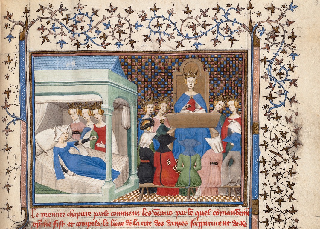 Christine de Pizan awakened by Reason, Rectitude and Justice (detail) | F. 1r from Christine de Pizan’s Le Livre des trois Vertus | Paris, France c. 1405 | Boston Public Library, MS f Med. 101 Christine de Pizan awakened by Reason, Rectitude and Justice (detail) | F. 1r from Christine de Pizan’s Le Livre des trois Vertus | Paris, France c. 1405 | Boston Public Library, MS f Med. 101