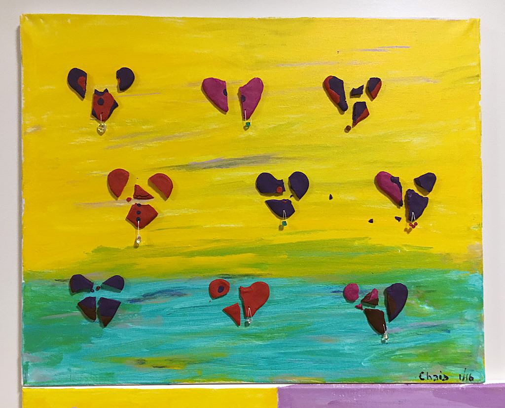 'Broken Hearts' by Carol Chaia Halpern of the Biology Department; a 2016 multimedia piece in acrylic, clay, and crystals. 'Broken Hearts' by Carol Chaia Halpern of the Biology Department; a 2016 multimedia piece in acrylic, clay, and crystals.