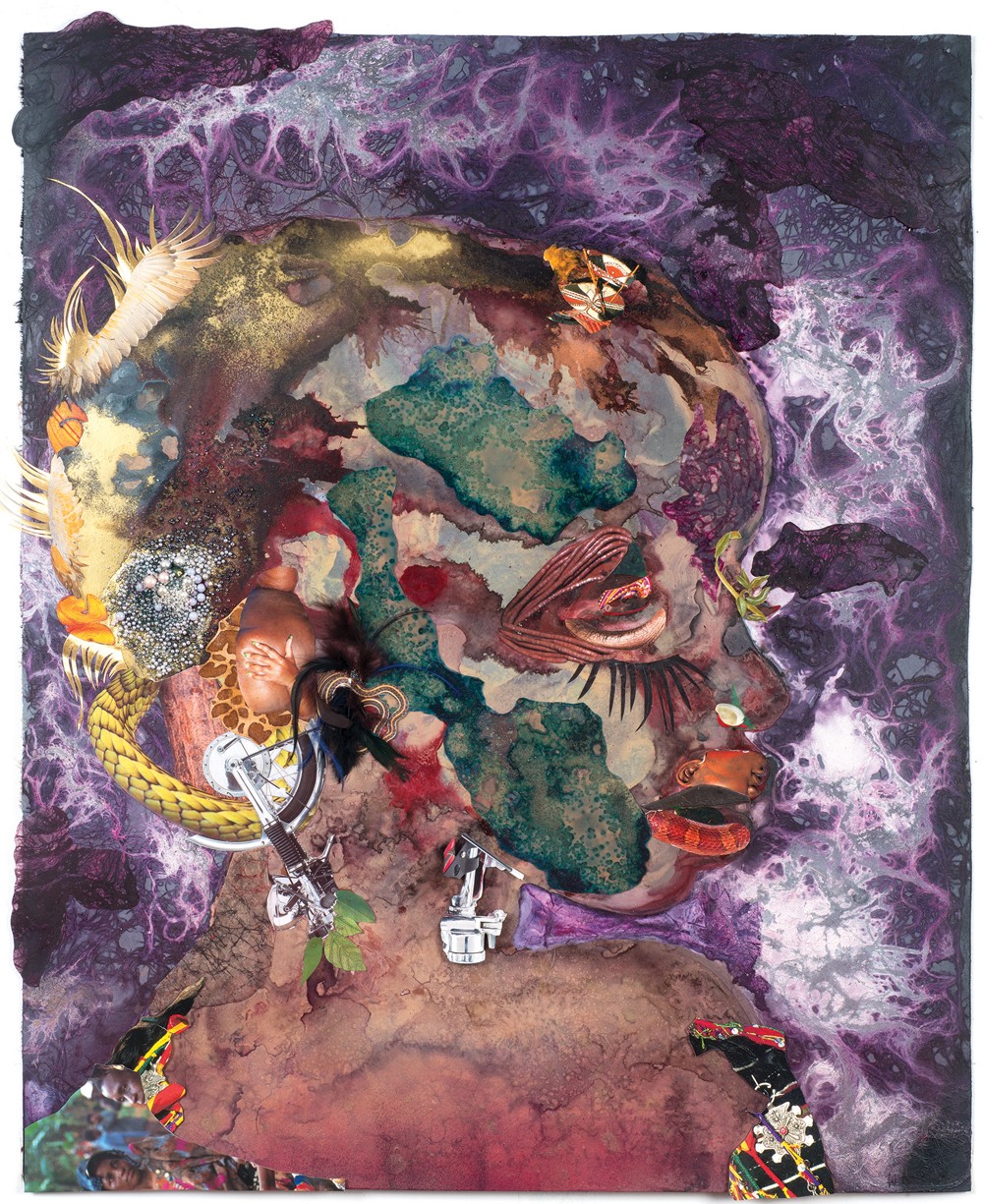 Wangechi Mutu, 'I’m too Misty,' 2015 collage painting on linoleum, 40 x 33 in.