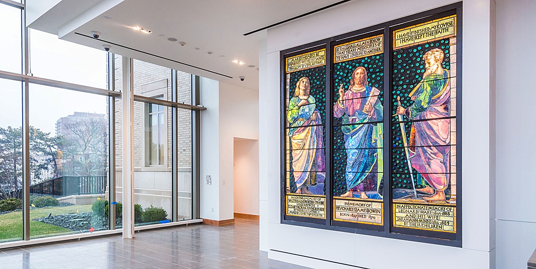 A 127-year-old triptych by American stained glass artist John La Farge featuring a preaching Christ, St. John the Evangelist, and St. Paul, at BC's McMullen Museum of Art A 127-year-old triptych by American stained glass artist John La Farge featuring a preaching Christ, St. John the Evangelist, and St. Paul, at BC's McMullen Museum of Art