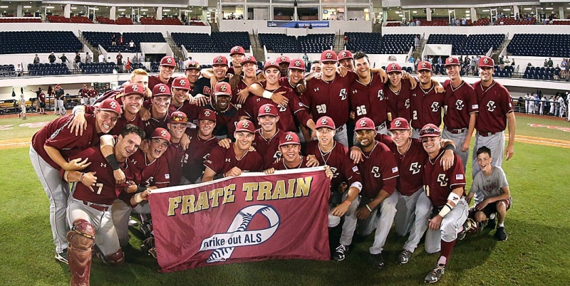 BC Baseball team with 'Team Frate Train' banner BC Baseball team with 'Team Frate Train' banner