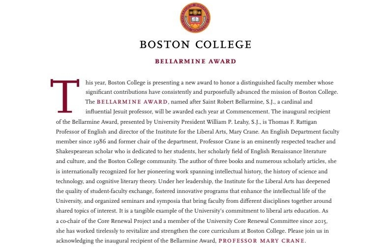 Inaugural Bellarmine Award citation Inaugural Bellarmine Award citation