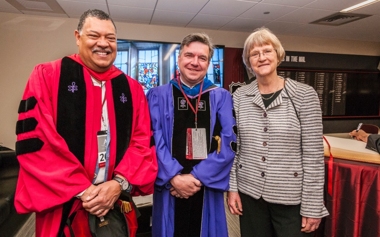 Boston College Law School Dean Vincent Rougeau and University Provost and Dean of Faculties David Quigley with outgoing Harvard University President Drew Gilpin Faust Boston College Law School Dean Vincent Rougeau and University Provost and Dean of Faculties David Quigley with outgoing Harvard University President Drew Gilpin Faust