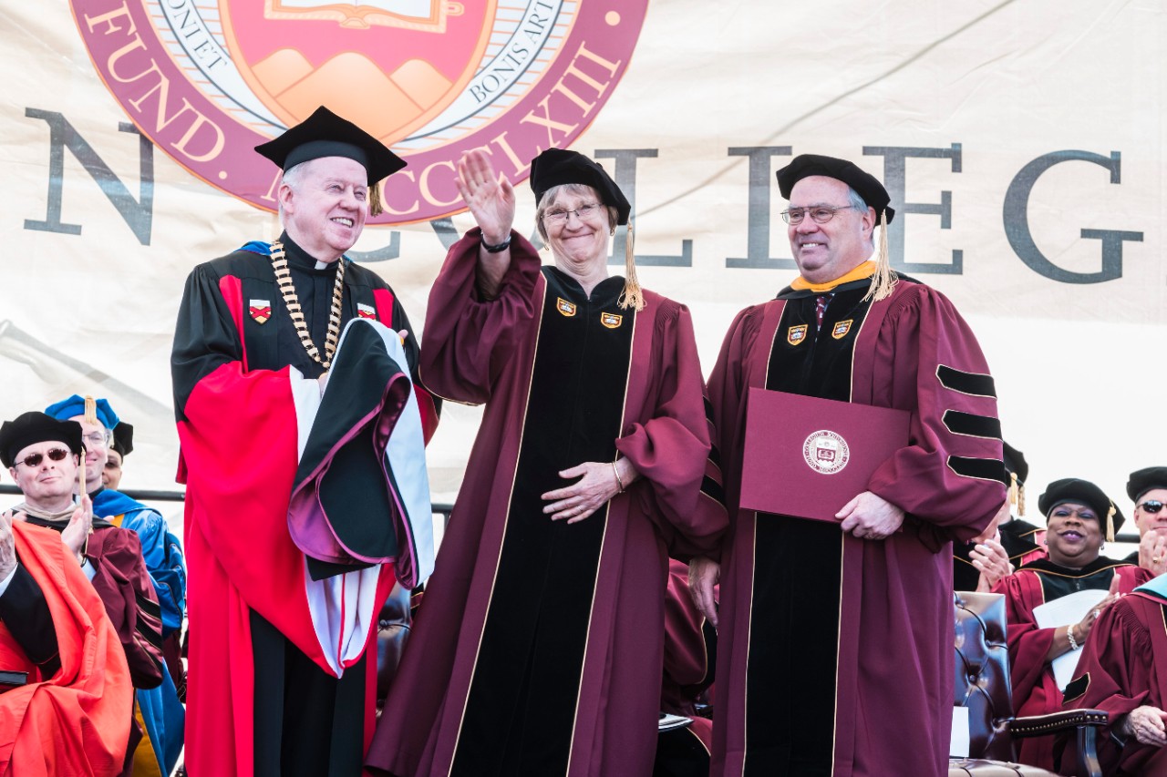 A wave to the crowd by Harvard University President Drew Gilpin Faust following receipt of her honorary degree. A wave to the crowd by Harvard University President Drew Gilpin Faust following receipt of her honorary degree.
