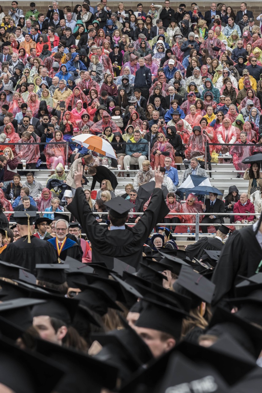 Scene from Alumni Stadium at BC Commencement; family members and friends in rain ponchos Scene from Alumni Stadium at BC Commencement; family members and friends in rain ponchos