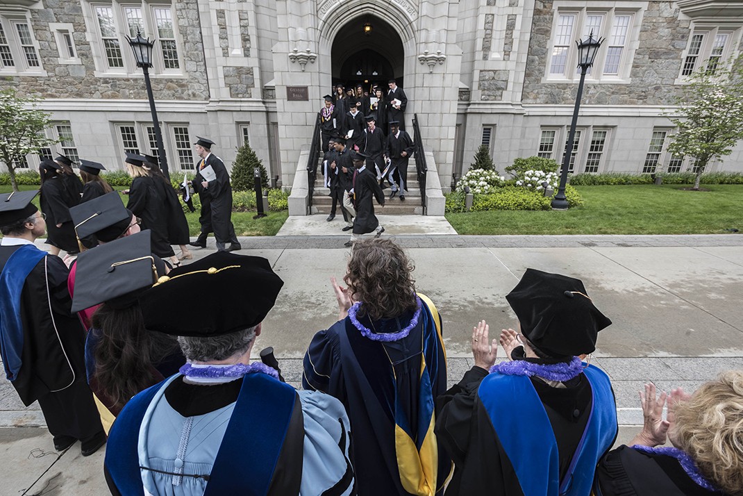 The graduating class gathered on Linden Lane before processing to the main Commencement ceremony in Alumni Stadium. The graduating class gathered on Linden Lane before processing to the main Commencement ceremony in Alumni Stadium.