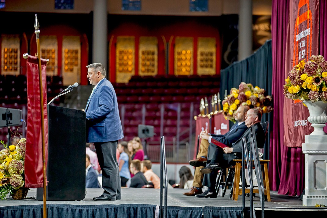 Michael Sacco, executive director of BC's First Year Experience program, and director of the University's Center for Student Formation, welcomed the students. Michael Sacco, executive director of BC's First Year Experience program, and director of the University's Center for Student Formation, welcomed the students.
