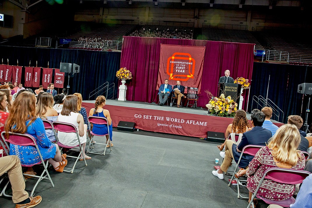 University President William P. Leahy, S.J., addressed the first-year students. University President William P. Leahy, S.J., addressed the first-year students.