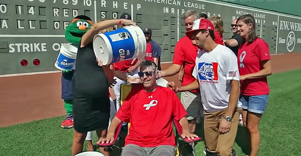 Pete Frates took an Ice Bucket Challenge dousing himself in 2014, choosing center field at Fenway Park for the action. In 2017, he donated the bucket and his sunglasses to the National Baseball Hall of Fame’s museum collection.