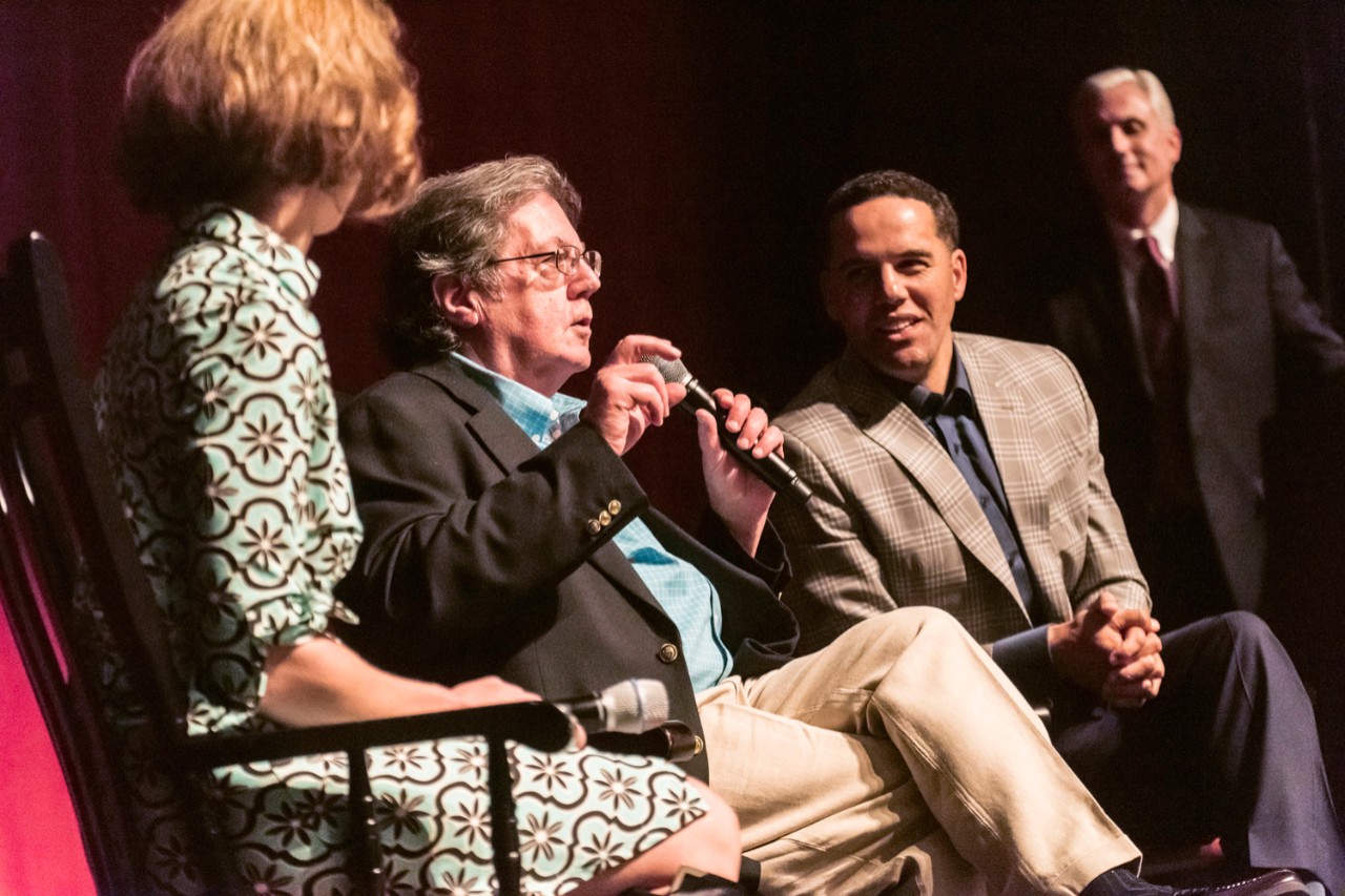 Steve Pemberton enjoys a point made by John Sykes, his former guardian and high school mentor, during a discussion following the screening. The panel included School of Social Work faculty member Tiziana Dearing and was moderated by University Communications AVP Jack Dunn. Steve Pemberton enjoys a point made by John Sykes, his former guardian and high school mentor, during a discussion following the screening. The panel included School of Social Work faculty member Tiziana Dearing and was moderated by University Communications AVP Jack Dunn.