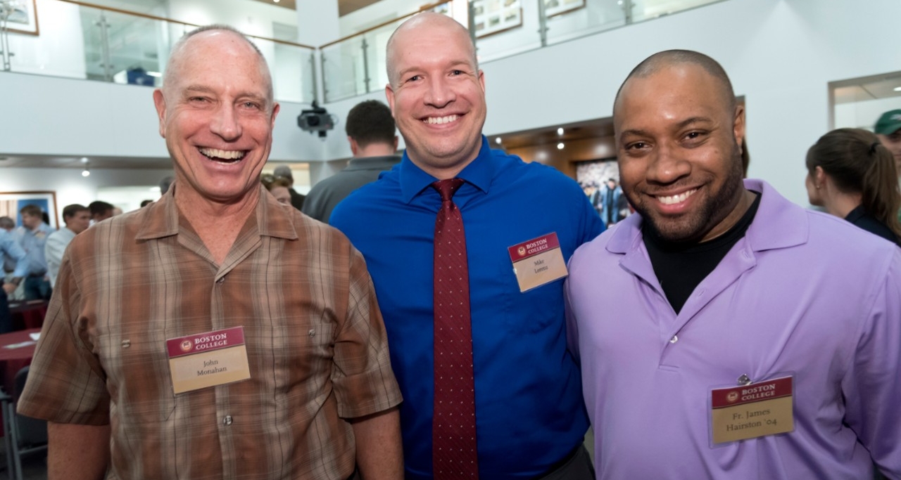 John Monahan of University Mission and Ministry, Mike Lorenz of the Office of Residential Life, and Campus Minister Fr. James Hairston '04 John Monahan of University Mission and Ministry, Mike Lorenz of the Office of Residential Life, and Campus Minister Fr. James Hairston '04