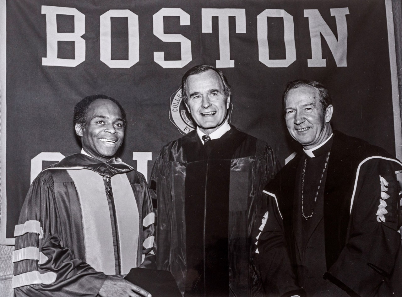 J. Donald Monan, S.J.: George H.W. Bush; and U.S. District Judge David Nelson in 1982
