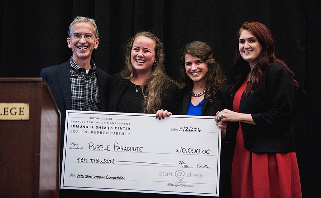 Shea Center Director Jere Doyle with Purple Parachute team Megan Greeley '16, graduate student Colleen White '17, and Christina Stellingwerf '16, winners of the top prize in the social entreprise track. Shea Center Director Jere Doyle with Purple Parachute team Megan Greeley '16, graduate student Colleen White '17, and Christina Stellingwerf '16, winners of the top prize in the social entreprise track.