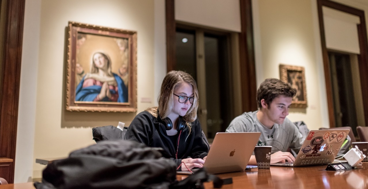 Morrissey College of Arts & Sciences students Ava Schiebler '20 and Harry Townsend '19 make use of the McMullen Museum of Art during study days. Morrissey College of Arts & Sciences students Ava Schiebler '20 and Harry Townsend '19 make use of the McMullen Museum of Art during study days.