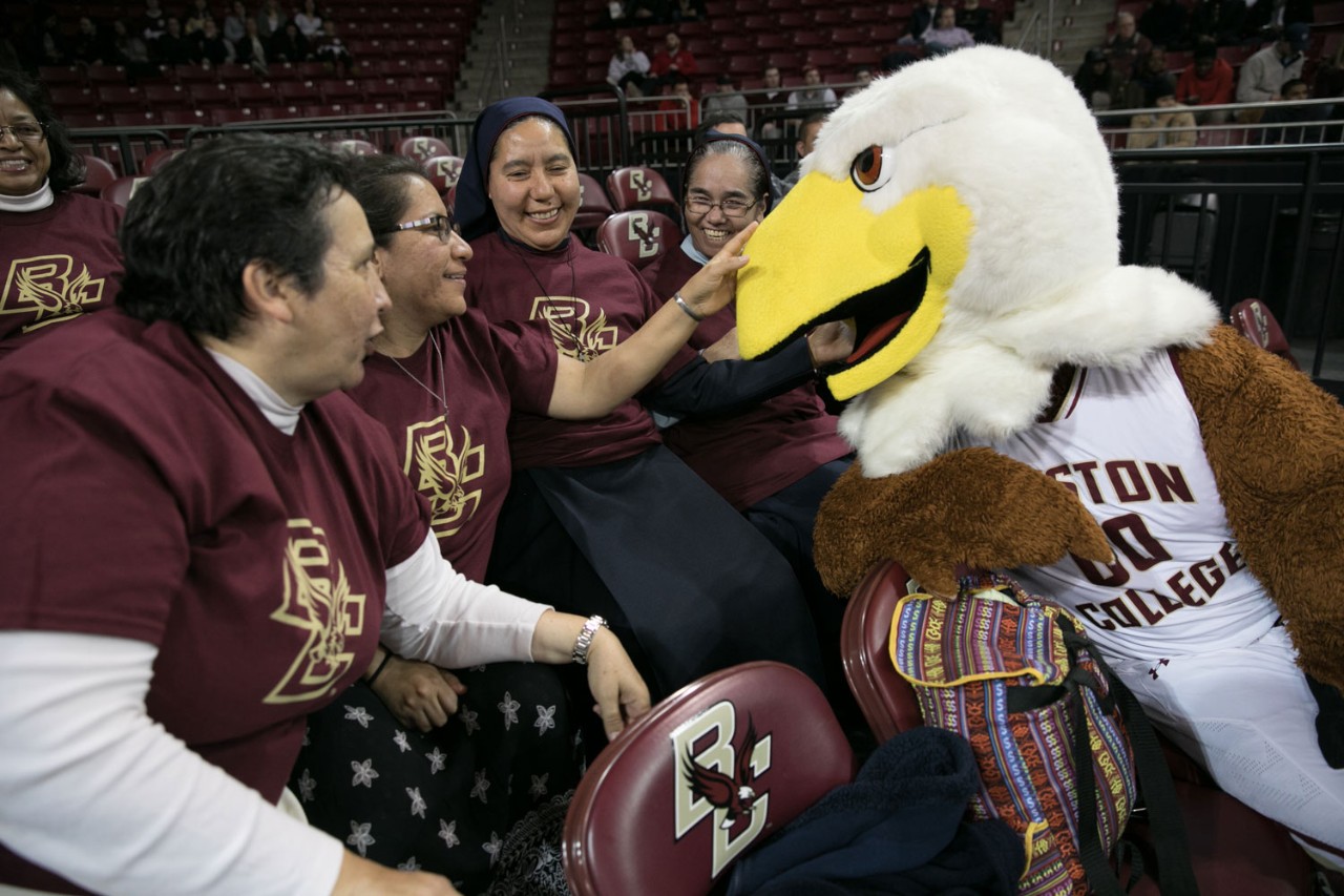 Between courses, participants in the U.S.-Latin American Sisters Exchange Program attend a BC basketball game. Between courses, participants in the U.S.-Latin American Sisters Exchange Program attend a BC basketball game.