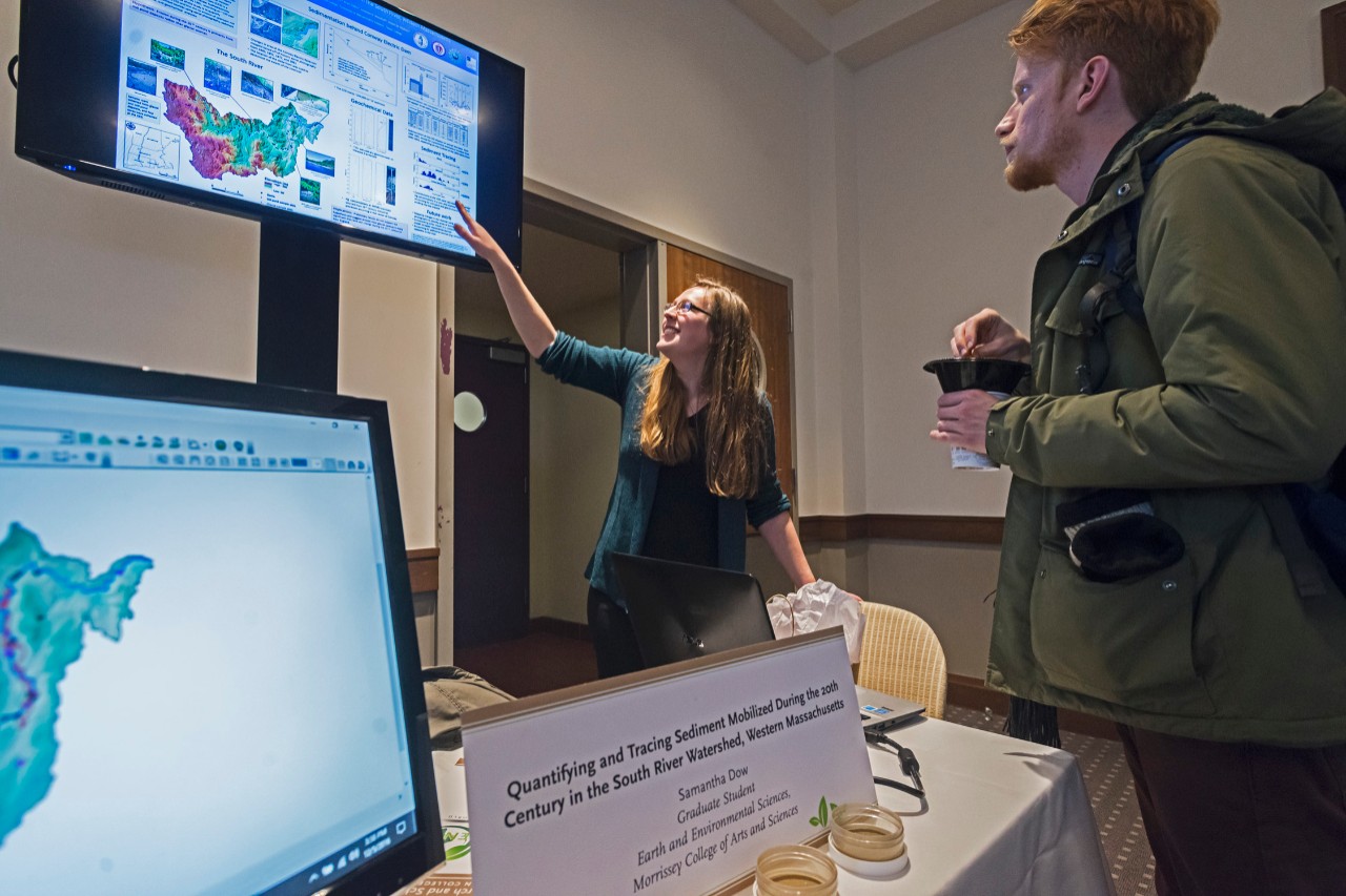 Graduate student Samantha Dow explains her project "Quantifying and Tracing Sediment Mobilized During the 20th Century in the South River Watershed, Western Massachusetts". Graduate student Samantha Dow explains her project "Quantifying and Tracing Sediment Mobilized During the 20th Century in the South River Watershed, Western Massachusetts".