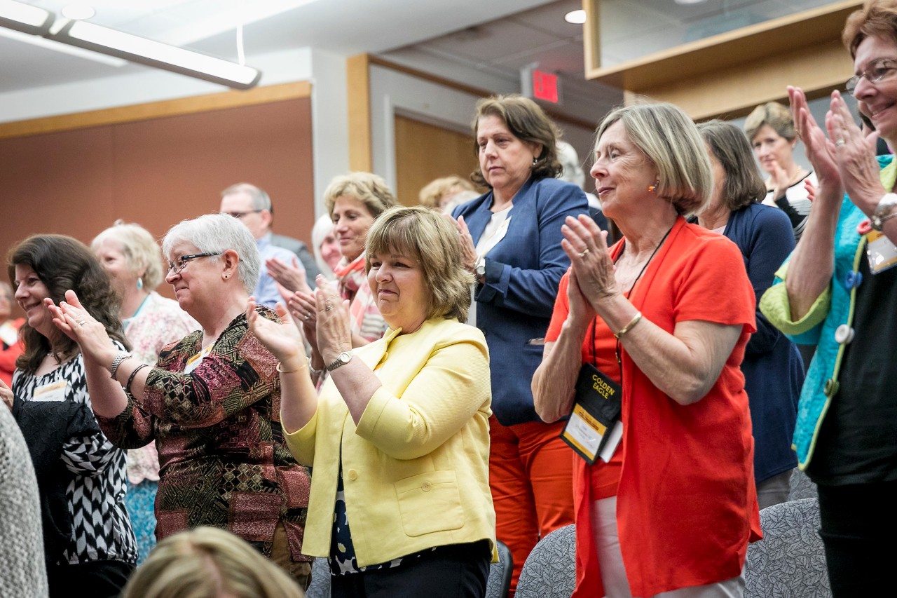 Kelleher Award honoree Karen Daley draws a standing ovation from the audience Kelleher Award honoree Karen Daley draws a standing ovation from the audience