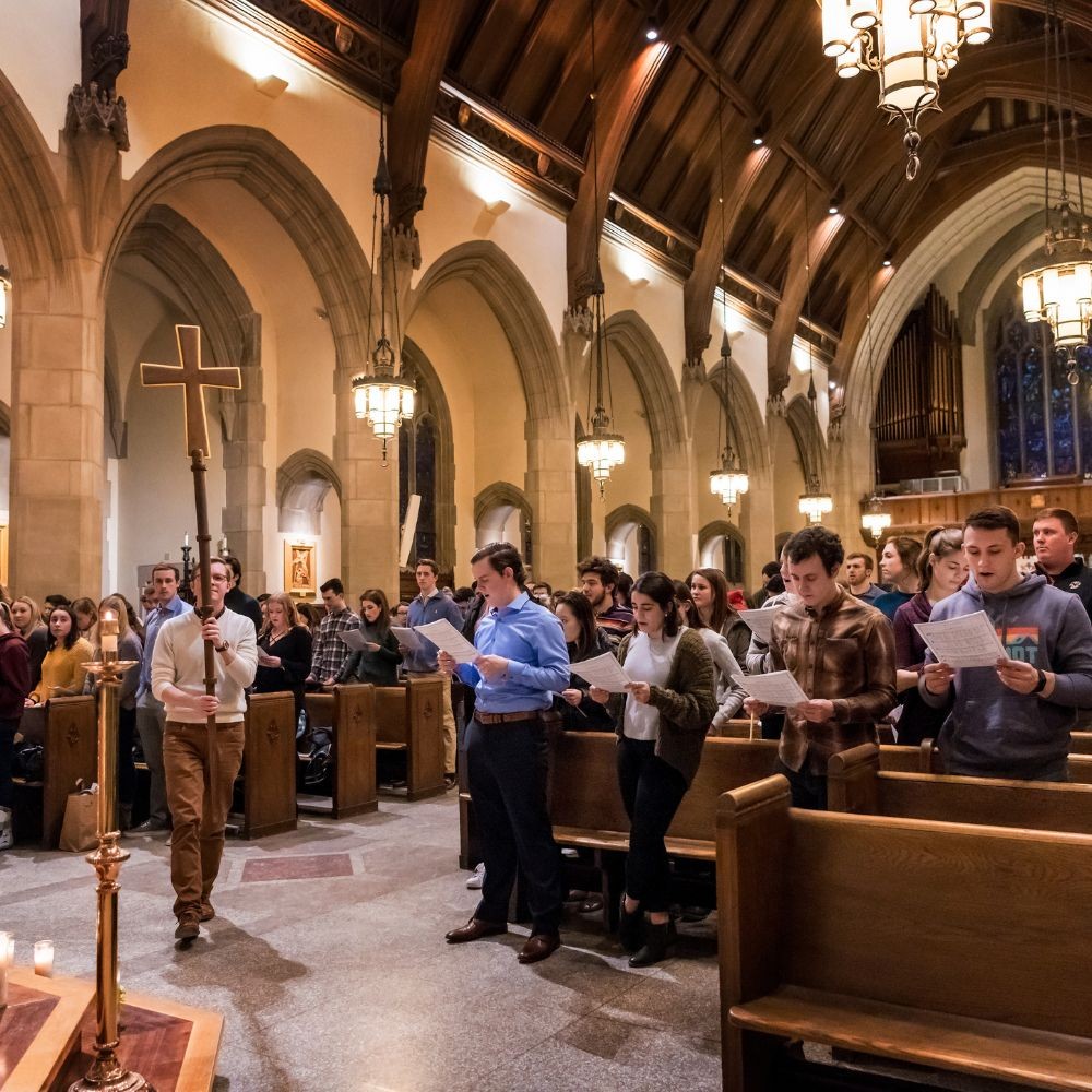 St. Ignatius Church with parishioners singing