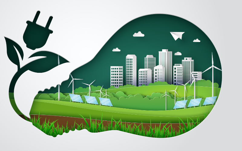 Graphic of lightbulb with an ecofriendly city within it