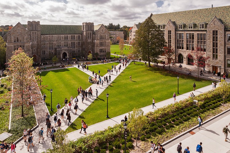 Students walking around campus