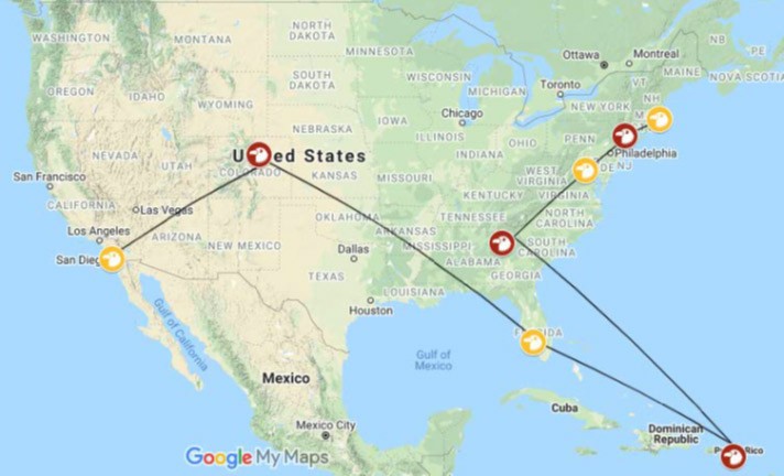 a map with different points marked to demonstrate that BCVAN Executive Committee members hail from across the United States, and include one member who lives in the US Virgin Islands.
