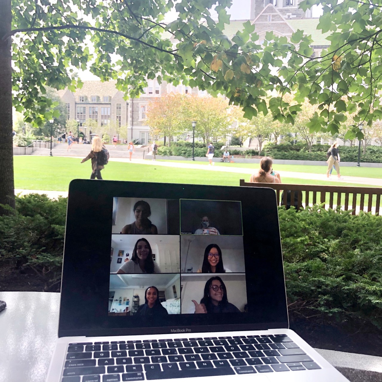 Pearson Love '21 connects with the other IS Program Peer Advisors from O'Neil Plaza on campus.