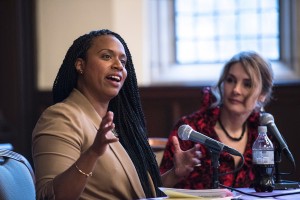 Boston City Councilwoman Ayanna Pressley (left) and BCSSW Professor Tiziana Dearing