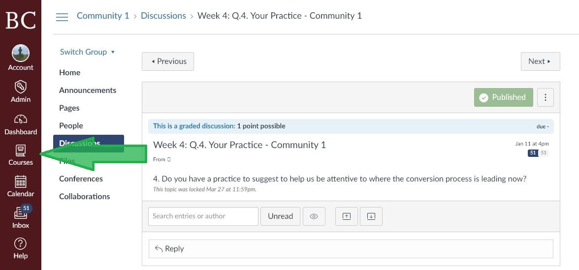 Arrow pointing to "Courses"