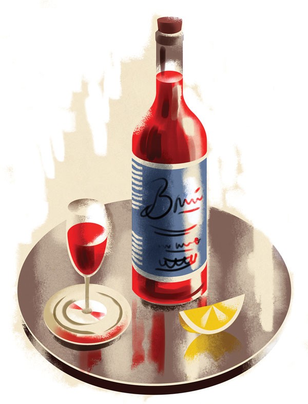 Illustration of glass and bottle of wine