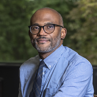 Prof. Martin Summers (History) photographed in the STM Library on the Brighton Campus for use in a story on racism in the fall 2020 issue of BCM.