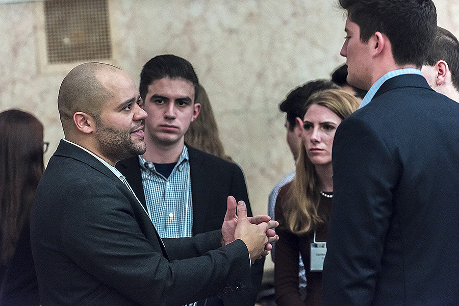 Photo coverage of the Endeavor Program for 2018, run by the Career Center. Photographed for marketing purposes, Chronicle, the Career Center, web uses, etc. Reception with students and Alumni Fellows held in the Carney Dining Room of McElroy.