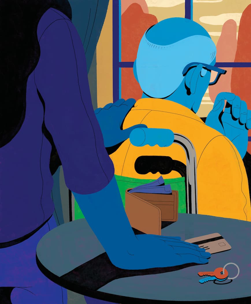 An illustration of an elderly person and their caretaker seemling stealing from them