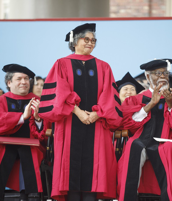Honorary degree recipients (from left), Gustavo Adolfo Dudamel Ramírez, Jennie Chin Hansen, Sylvester James Gate Jr., and Joy Harjo-Sapulpa attend the 373rd Harvard University Commencement Exercises in Tercentenary Theatre. Kris Snibbe/Harvard Staff Photographer