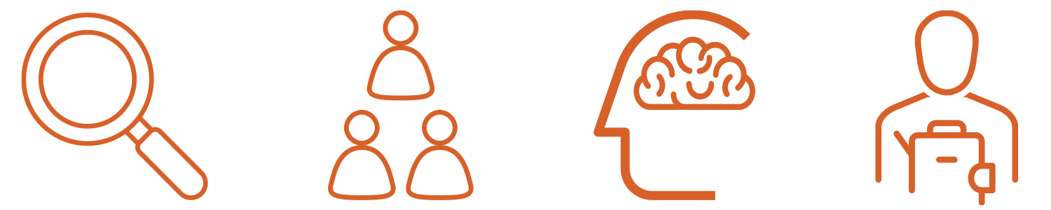 Graphics of magnifying glass, people in a triangle, brain, and a person taking notes