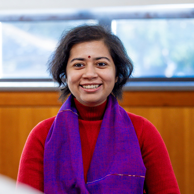 November 19, 2024 -- Deepshikha Banerjee '30, graduate student at Boston College's Lynch School of Education and Human Development, at a graduate student meeting, "Int'l 4: Story Circles: a Cultural Celebration Event," part of the Lynch School's Formative Education programming.