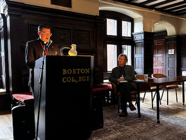 Fr. William Woody presenting Richard Kearney at the 2024 graduate conference.