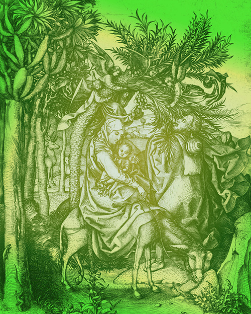 Engraving of the Holy Family in Egypt with palm trees