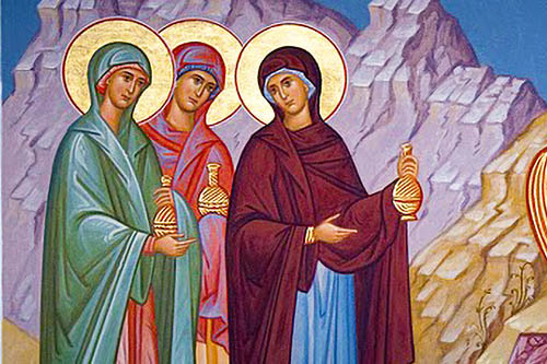 An icon of the Myrrh-bearing women carrying jars before a purple mountain