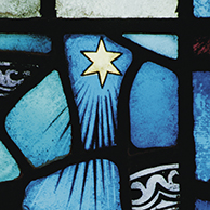 "Transforming Light: The Stained-Glass Windows of Boston College." Images from the West wall, Religion alcove, Gargan Hall, Bapst Library. Page 44: The Magi. The three wise men from the East follow the star to Bethlehem.