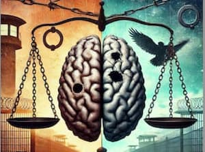 Bullet holes shown in the brain with prison related imagery on the outside
