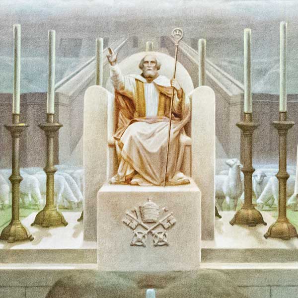 Detail of St. Peter on a throne with lambs in the background candlesticks
